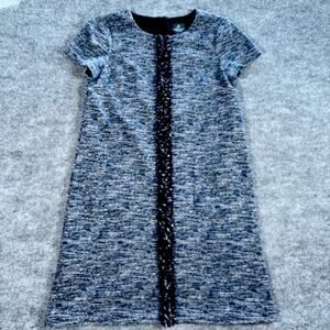 Adrianna Papell Blue Tweed Fringe Shift Dress Size 8 Short Sleeve